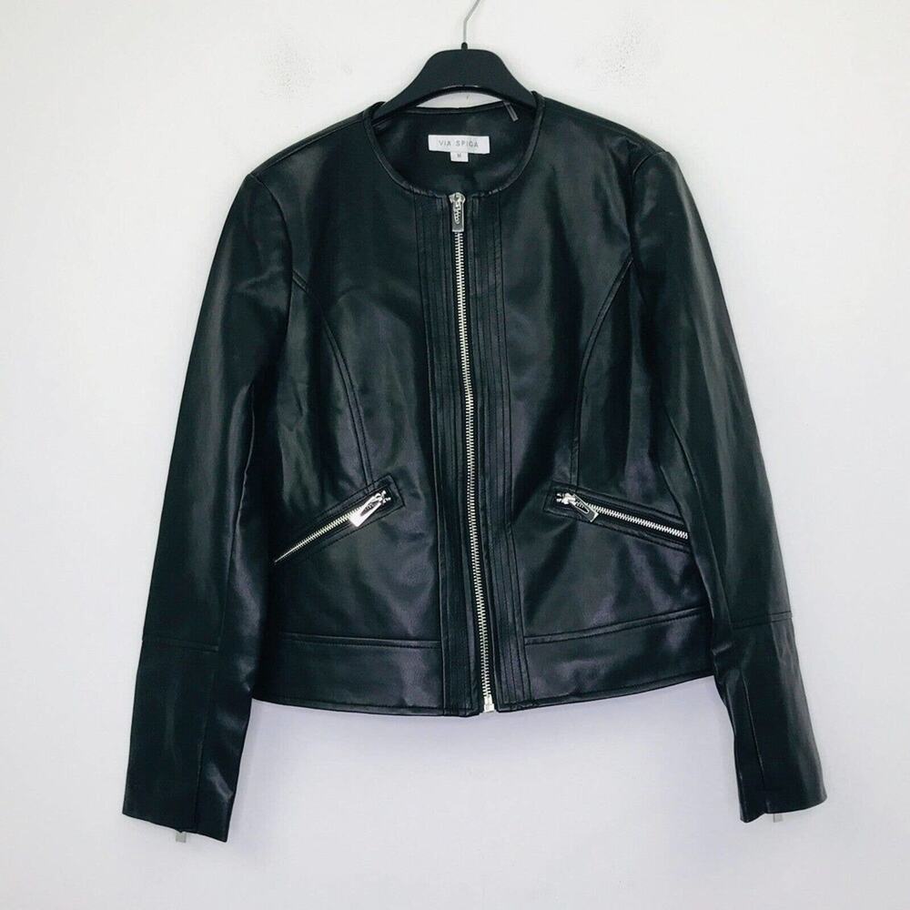 Via Spiga Women's Medium Jacket Black Faux Leather Motorcycle Biker Full Zip